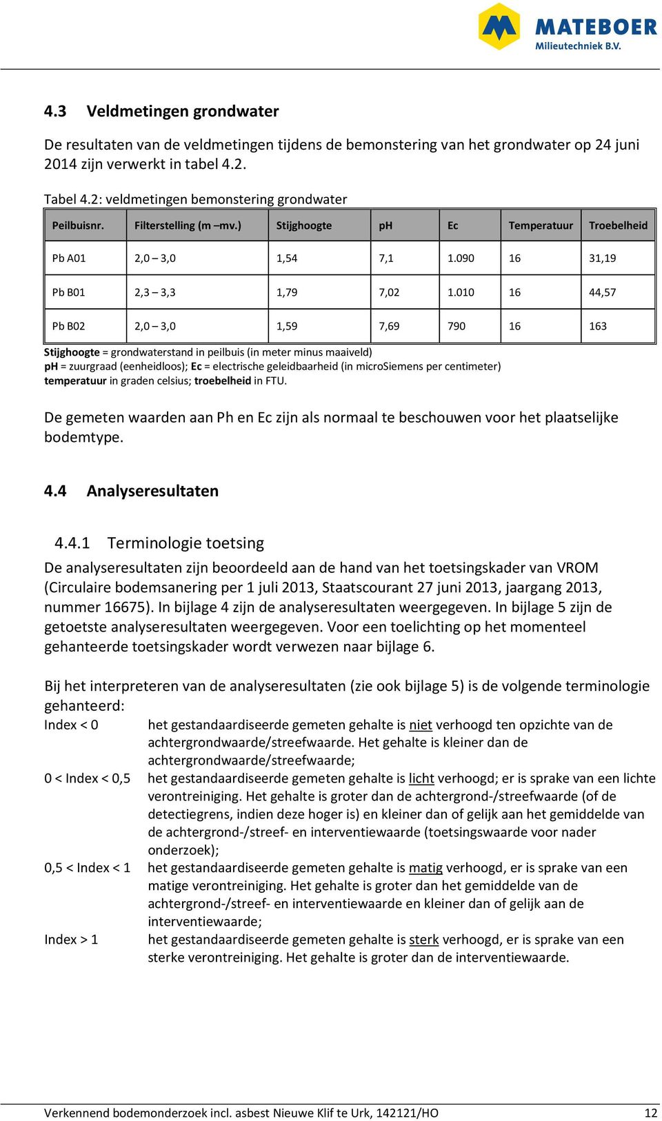 1 16 44,57 Pb B2 2, 3, 1,59 7,69 79 16 163 Stijghoogte = grondwaterstand in peilbuis (in meter minus maaiveld) ph = zuurgraad (eenheidloos); Ec = electrische geleidbaarheid (in microsiemens per