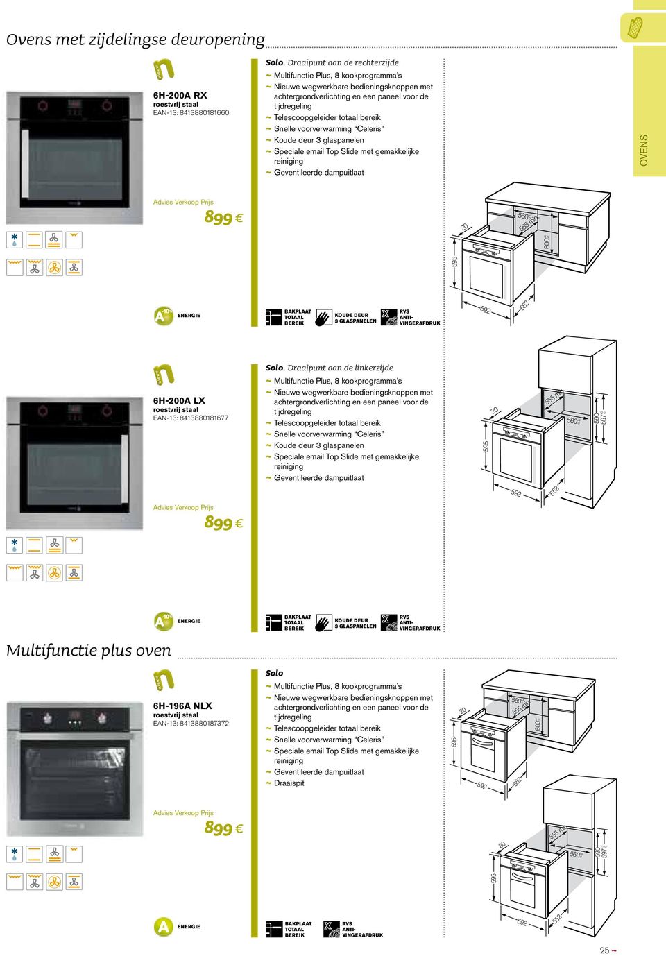 totaal bereik ~ ~ Snelle voorverwarming Celeris ~ ~ Koude deur 3 glaspanelen ~ ~ Speciale email Top Slide met gemakkelijke reiniging ~ ~ Geventileerde dampuitlaat OVENS 899 20-0 555 min.