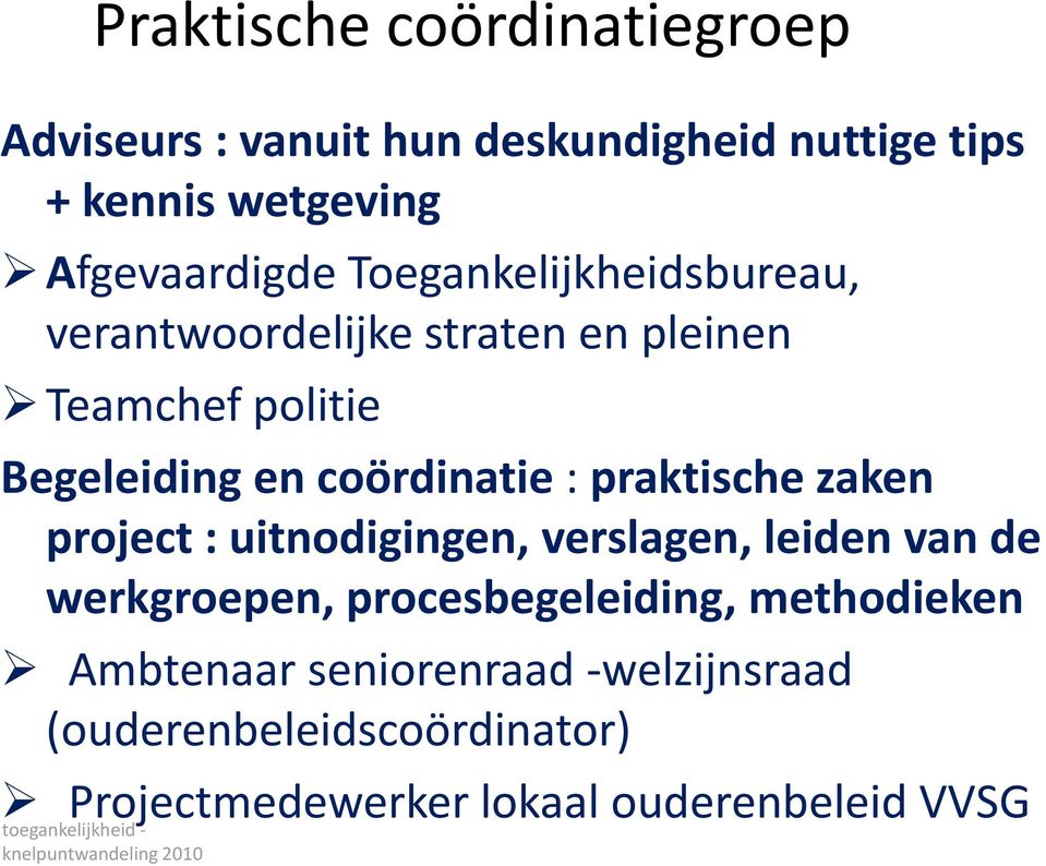 coördinatie : praktische zaken project : uitnodigingen, verslagen, leiden van de werkgroepen,