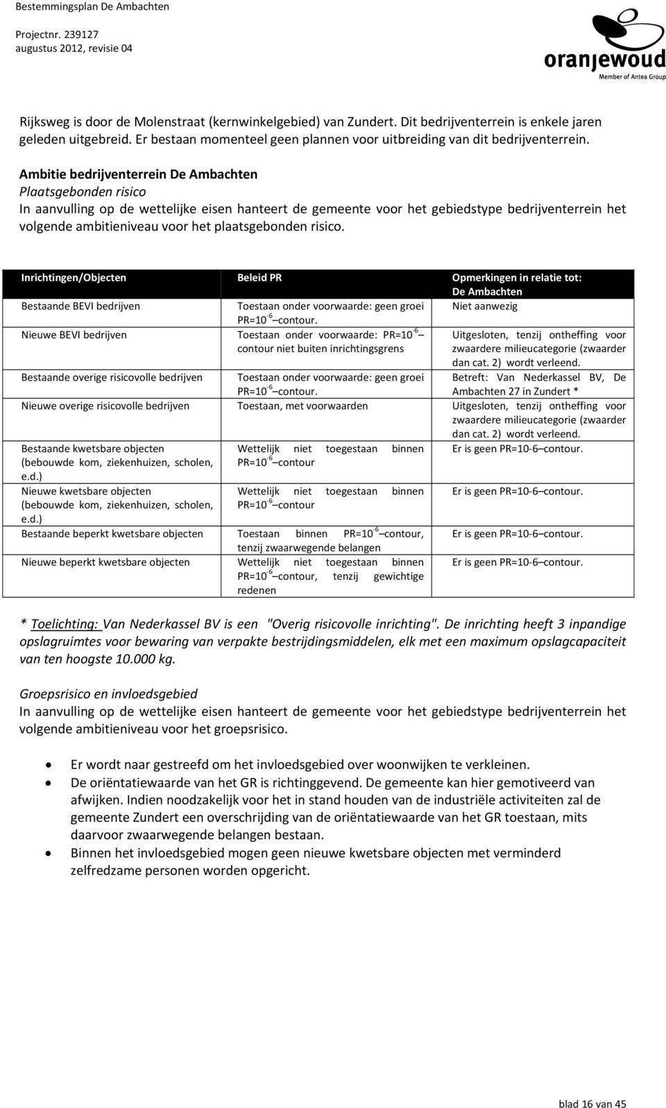 plaatsgebonden risico. Inrichtingen/Objecten Beleid PR Opmerkingen in relatie tot: De Ambachten Bestaande BEVI bedrijven Toestaan onder voorwaarde: geen groei Niet aanwezig PR=10 6 contour.