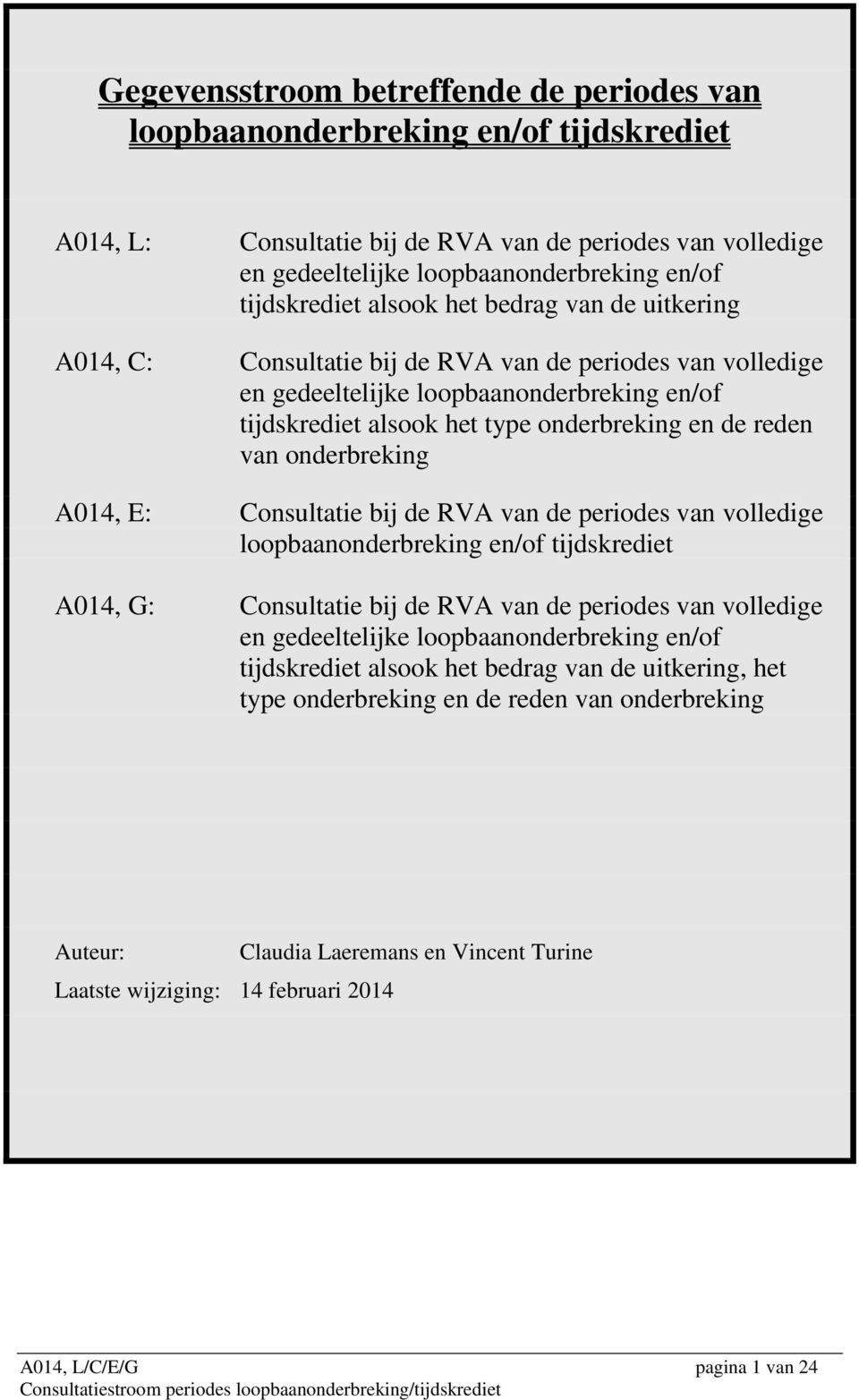 de reden van onderbreking A014, E: Consultatie bij de RVA van de periodes van volledige loopbaanonderbreking en/of tijdskrediet A014, G: Consultatie bij de RVA van de periodes van volledige en