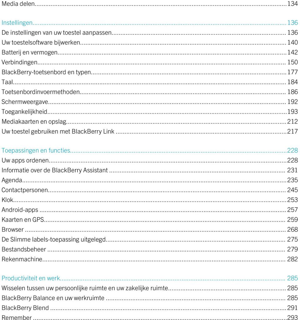 ..228 Uw apps ordenen...228 Informatie over de BlackBerry Assistant... 231 Agenda...235 Contactpersonen... 245 Klok...253 Android-apps... 257 Kaarten en GPS... 259 Browser.