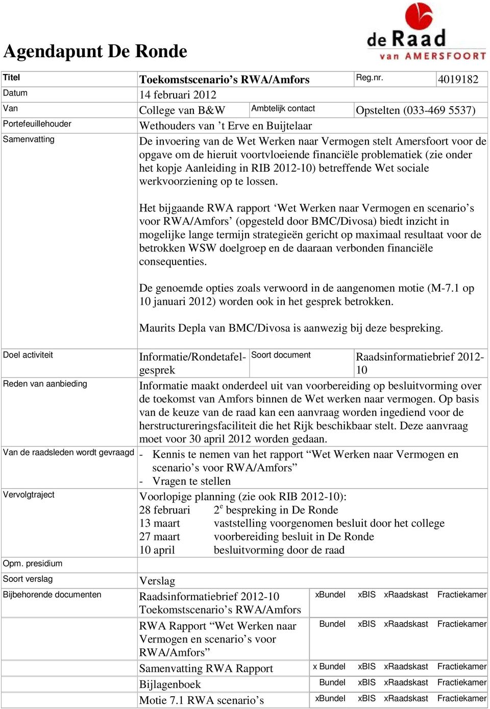 Vermogen stelt Amersfoort voor de opgave om de hieruit voortvloeiende financiële problematiek (zie onder het kopje Aanleiding in RIB 2012-10) betreffende Wet sociale werkvoorziening op te lossen.