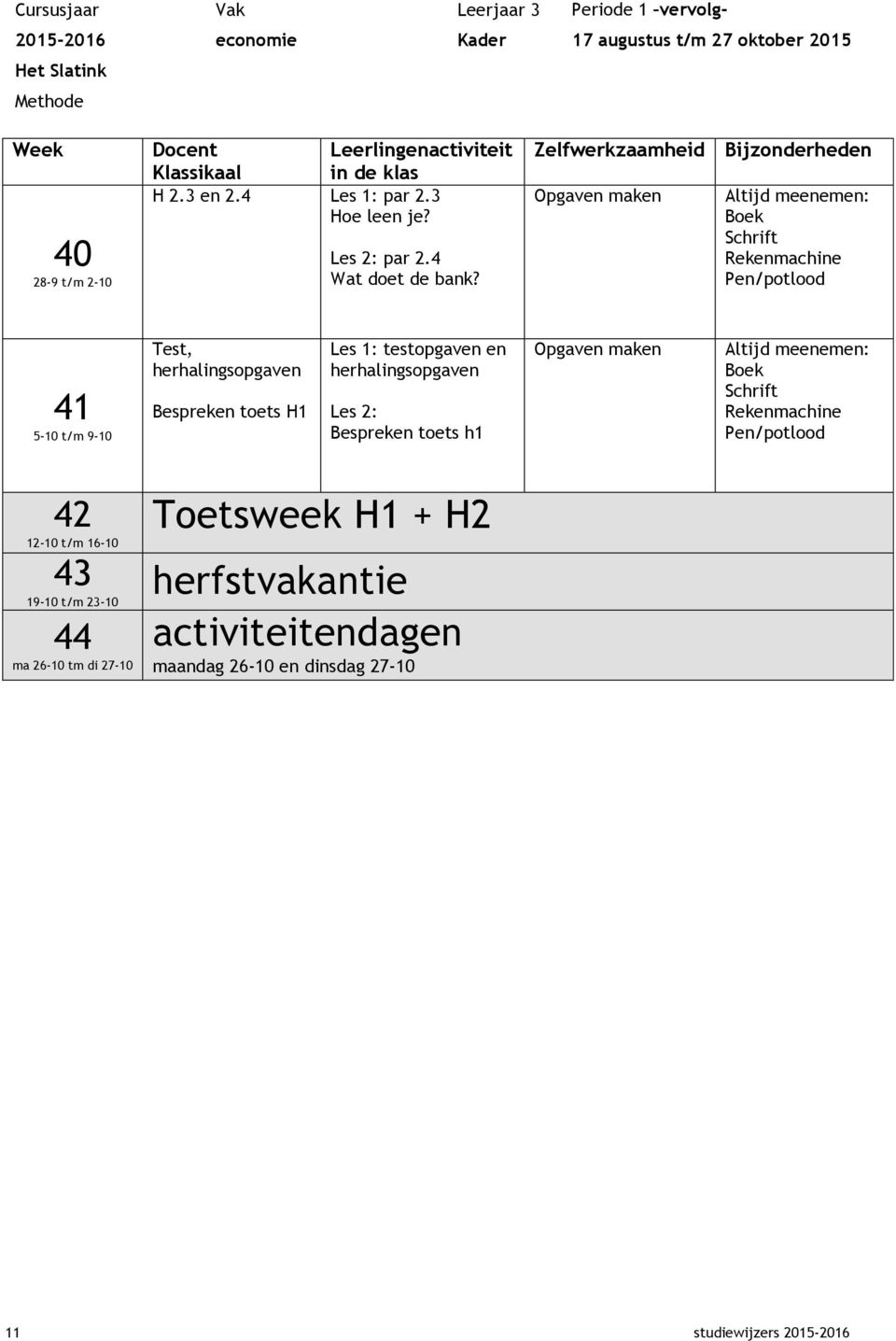 Opgaven maken Altijd meenemen: Boek Schrift Rekenmachine Pen/potlood 41 5-10 t/m 9-10 Test, herhalingsopgaven Bespreken toets H1 Les 1: testopgaven en