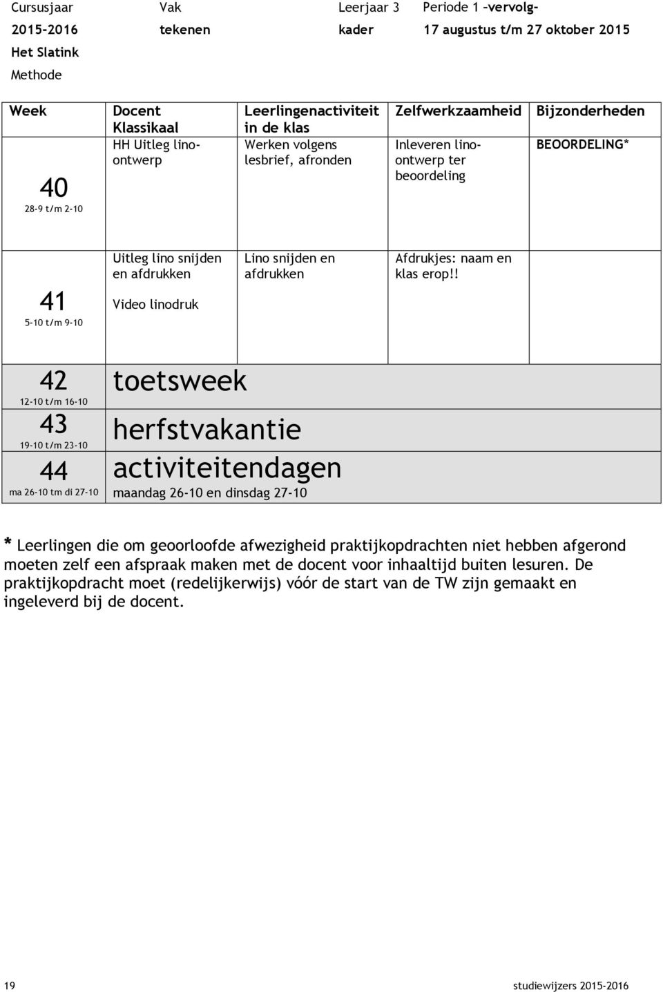 ! 42 12-10 t/m 16-10 toetsweek 43 19-10 t/m 23-10 herfstvakantie 44 activiteitendagen ma 26-10 tm di 27-10 maandag 26-10 en dinsdag 27-10 * Leerlingen die om geoorloofde afwezigheid