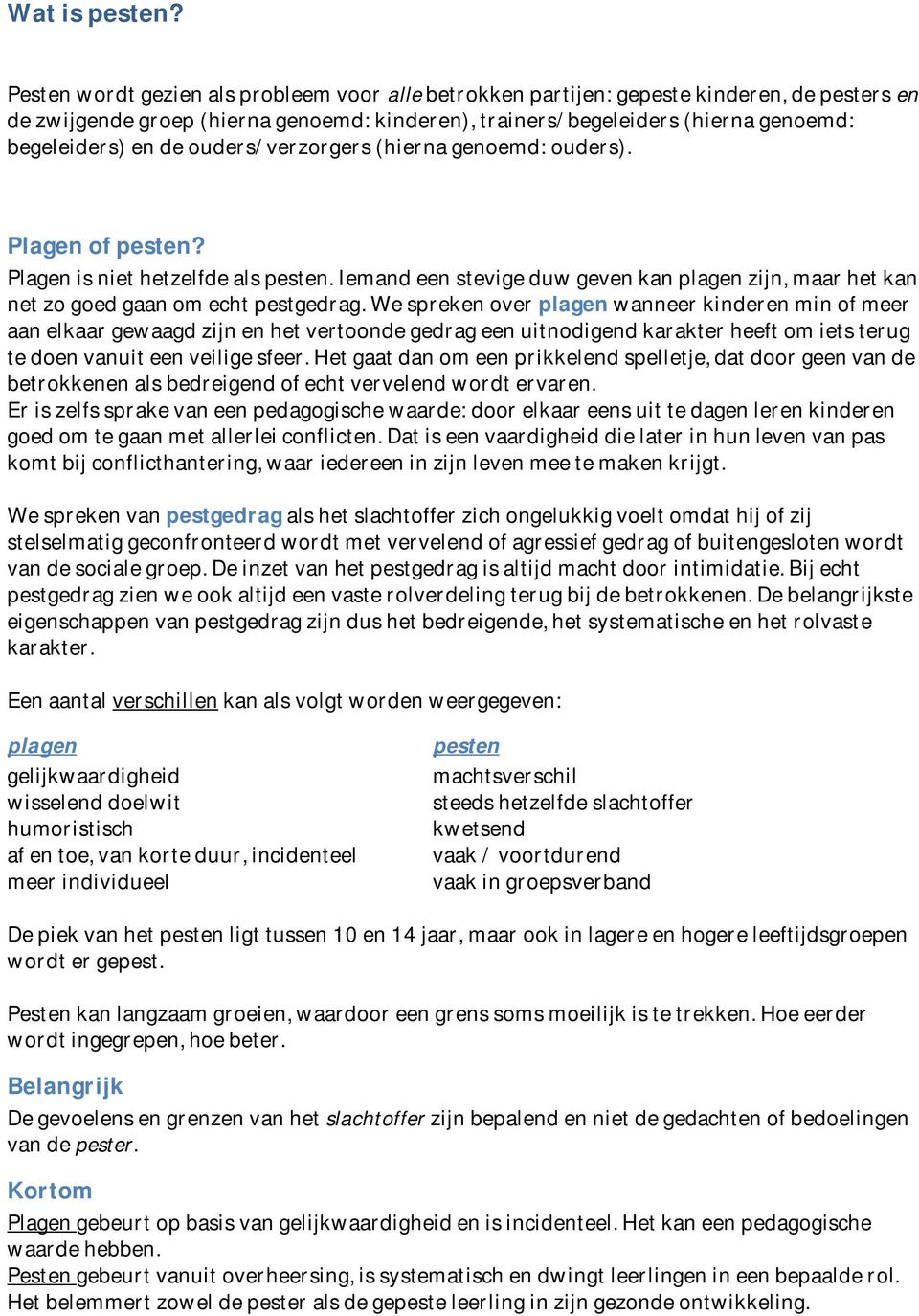 ouders/verzorgers (hierna genoemd: ouders). Plagen of pesten? Plagen is niet hetzelfde als pesten. Iemand een stevige duw geven kan plagen zijn, maar het kan net zo goed gaan om echt pestgedrag.