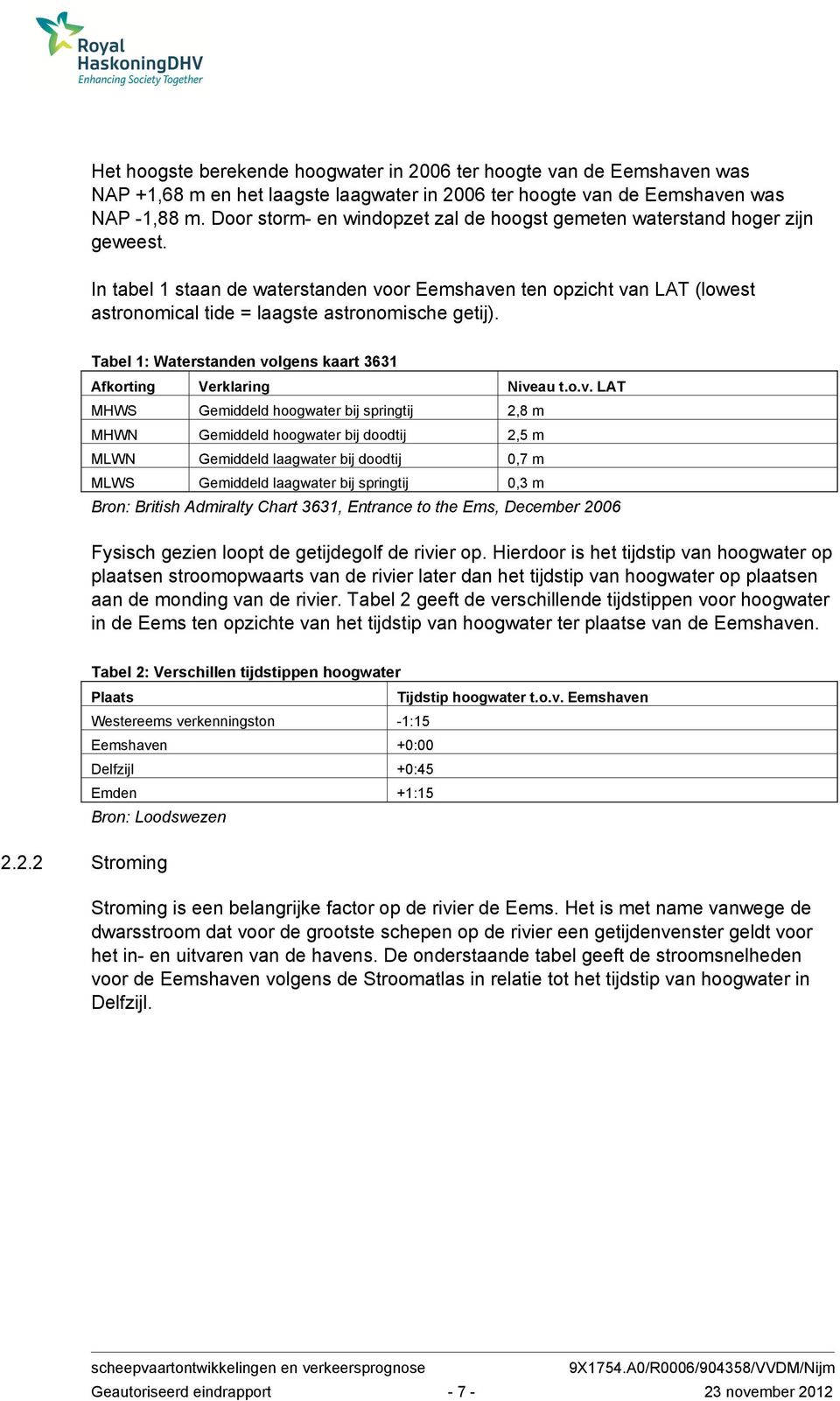 In tabel 1 staan de waterstanden vo