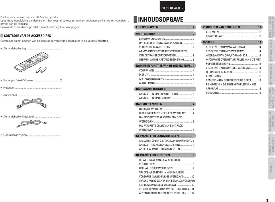 .. 1 Batterijen AAA -formaat... 2 Netsnoer... 1 Audiokabel... 1 Afstandsbedieningskabel... 1 INHOUDSOPGAVE EIGENSCHAPPEN...2 VOOR GEBRUIK...2 STROOMVOORZIENING... 2 ONGESCHIKTE INSTALLATIEPLAATSEN.