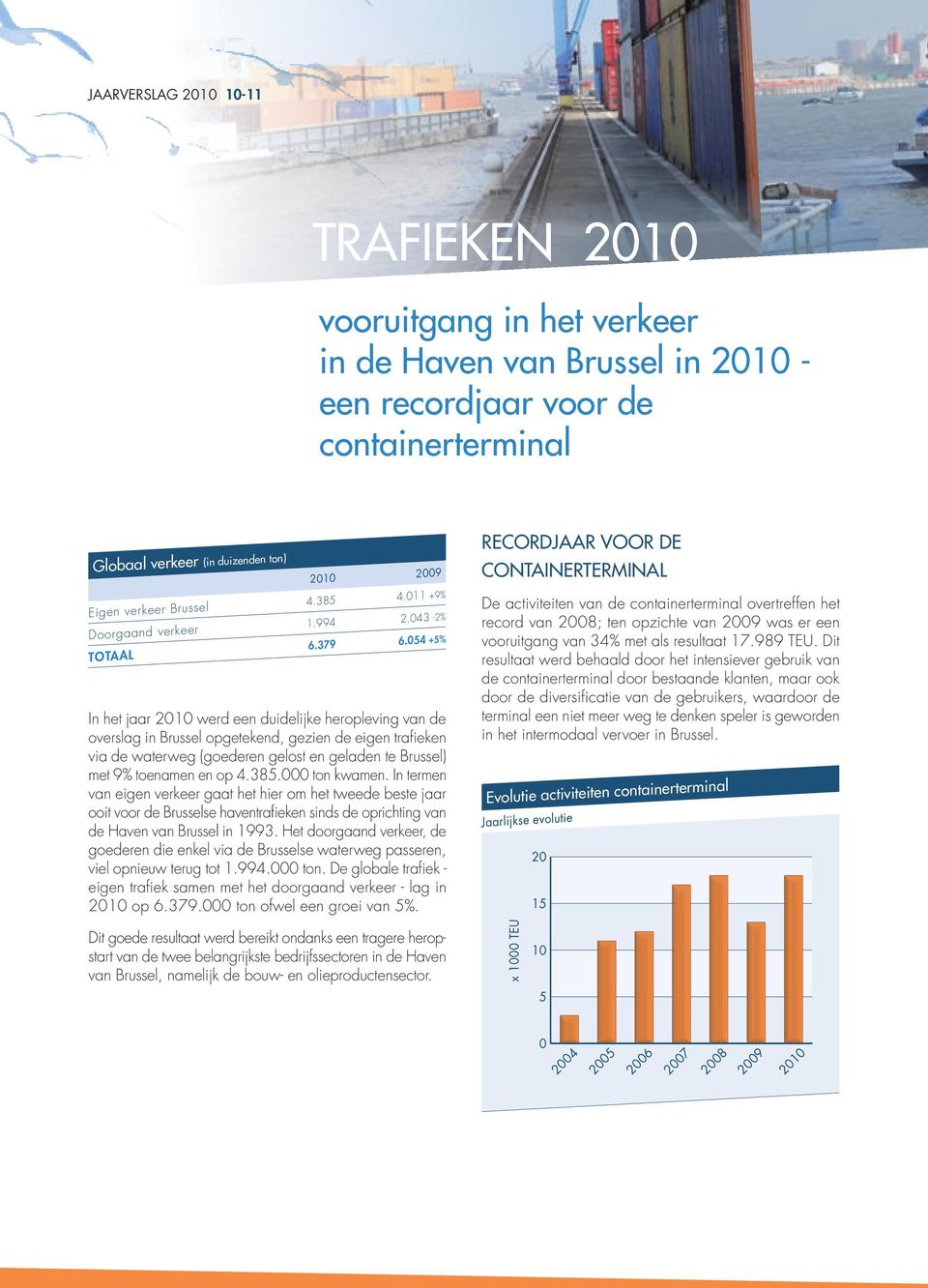 054 +5% In het jaar 2010 werd een duidelijke heropleving van de overslag in Brussel opgetekend, gezien de eigen trafieken via de waterweg (goederen gelost en geladen te Brussel) met 9% toenamen en op