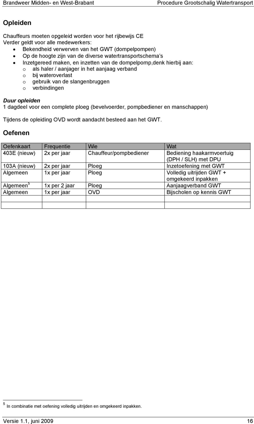 verbindingen Duur opleiden 1 dagdeel voor een complete ploeg (bevelvoerder, pompbediener en manschappen) Tijdens de opleiding OVD wordt aandacht besteed aan het GWT.