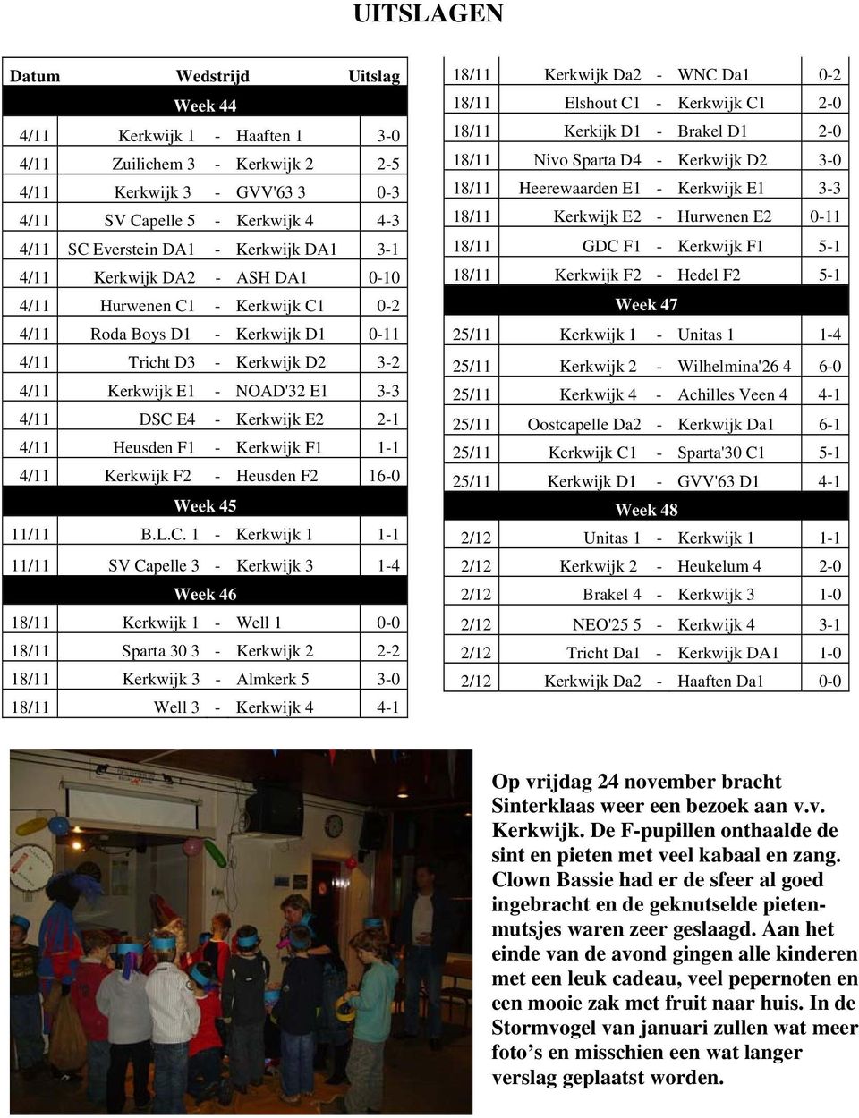 E4 - Kerkwijk E2 2-1 4/11 Heusden F1 - Kerkwijk F1 1-1 4/11 Kerkwijk F2 - Heusden F2 16-0 Week 45 11/11 B.L.C.