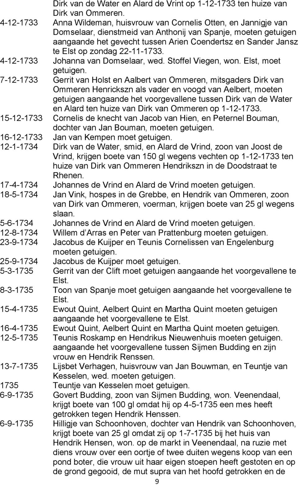 Elst op zondag 22-11-1733. 4-12-1733 Johanna van Domselaar, wed. Stoffel Viegen, won. Elst, moet getuigen.