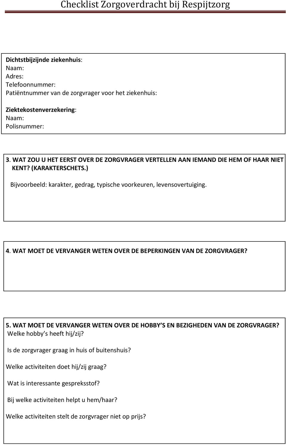 WAT MOET DE VERVANGER WETEN OVER DE BEPERKINGEN VAN DE ZORGVRAGER? 5. WAT MOET DE VERVANGER WETEN OVER DE HOBBY S EN BEZIGHEDEN VAN DE ZORGVRAGER? Welke hobby s heeft hij/zij?