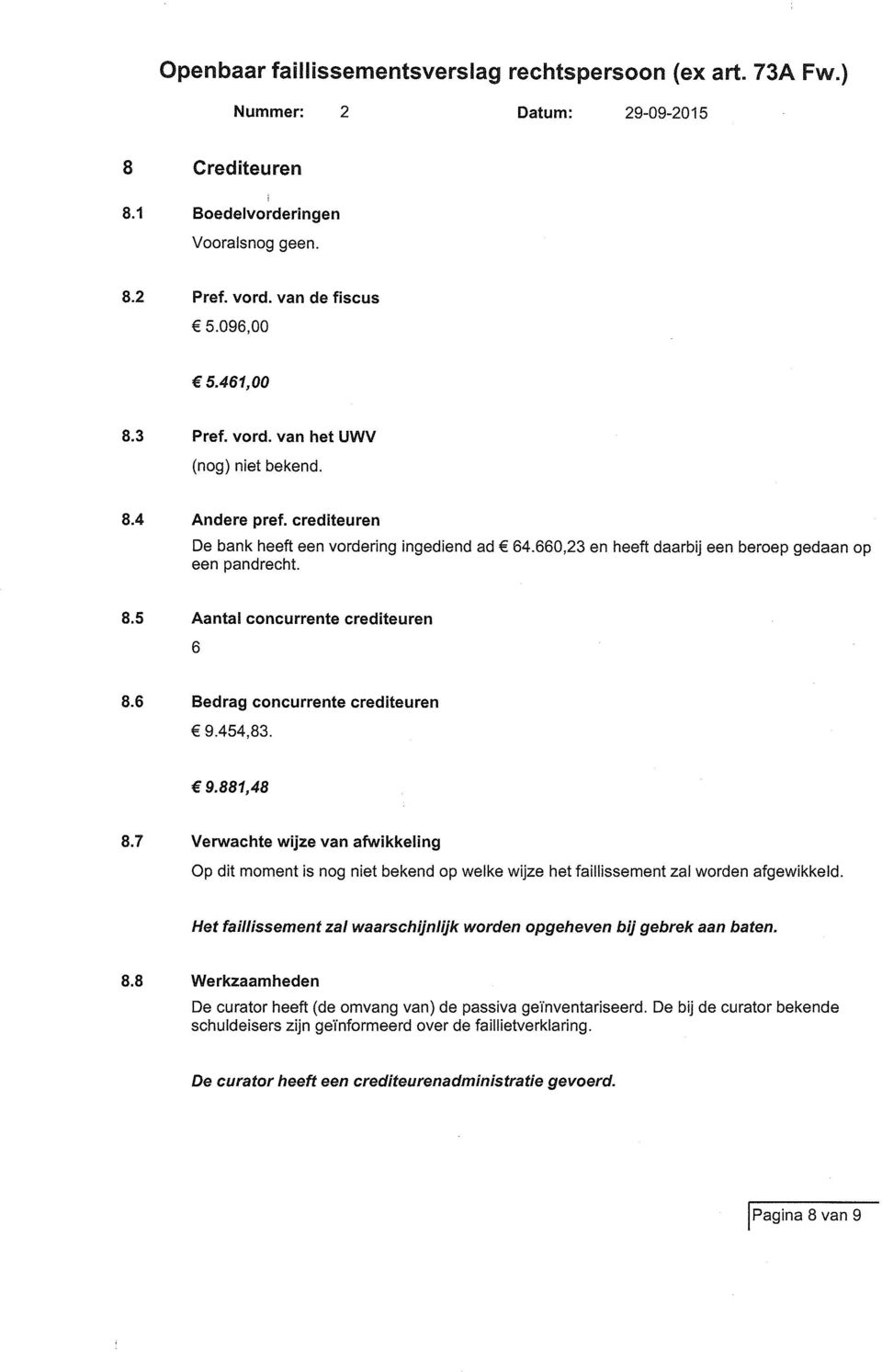 7 Verwachte wijze van afwikkeling Op dit moment is nog niet bekend op welke wijze het faillissement zal worden afgewikkeld. Het faillissement zal waarschijnl jk worden opgeheven bij gebrek aan baten.