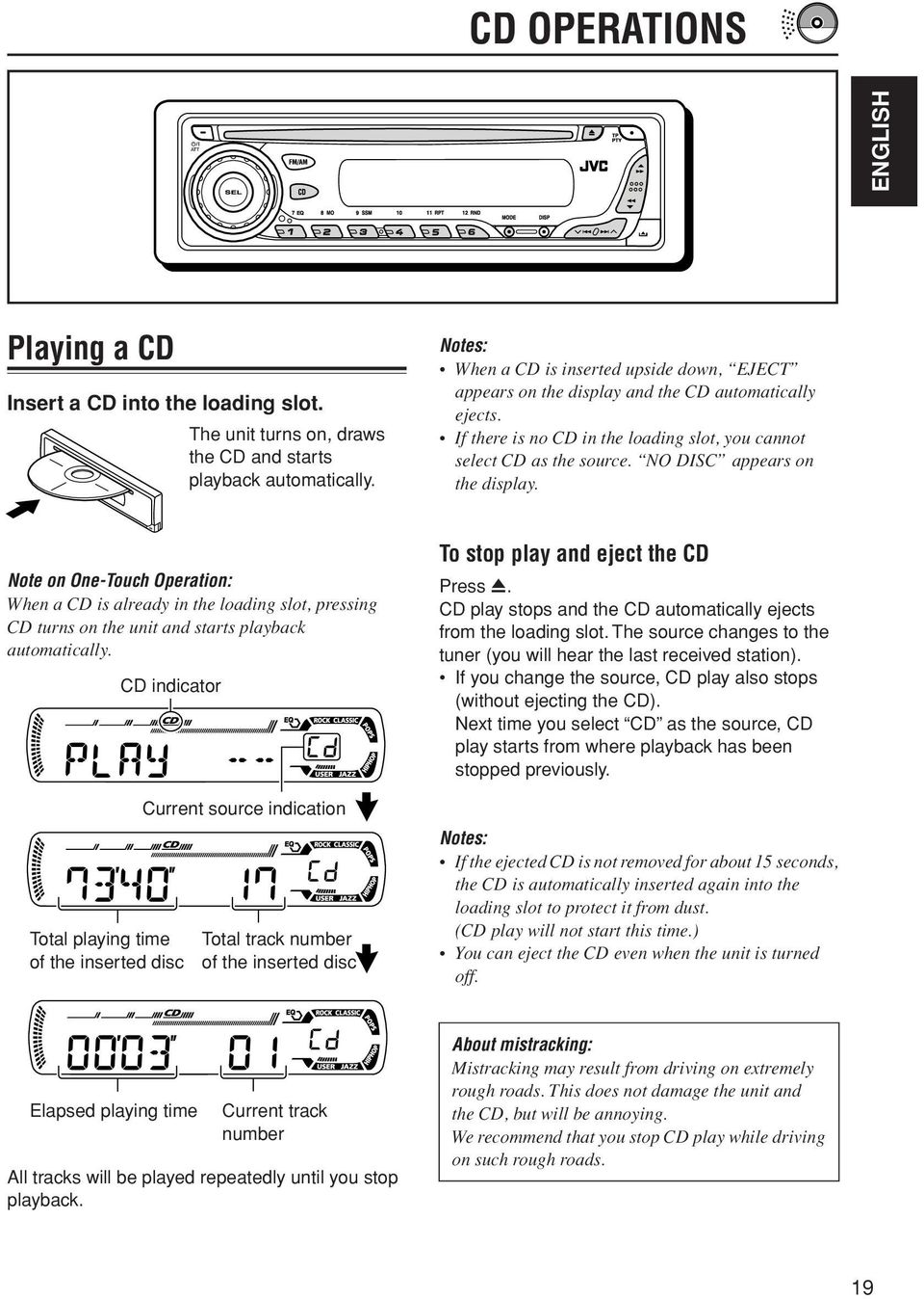 NO DISC appears on the display. Note on One-Touch Operation: When a CD is already in the loading slot, pressing CD turns on the unit and starts playback automatically.