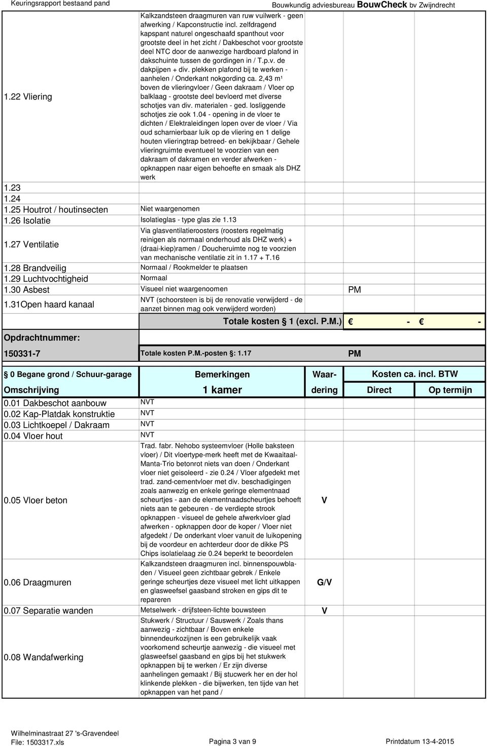 plekken plafond bij te werken aanhelen / Onderkant nokgording ca. 2,43 m¹ boven de vlieringvloer / Geen dakraam / loer op 1.22 liering balklaag grootste deel bevloerd met diverse schotjes van div.