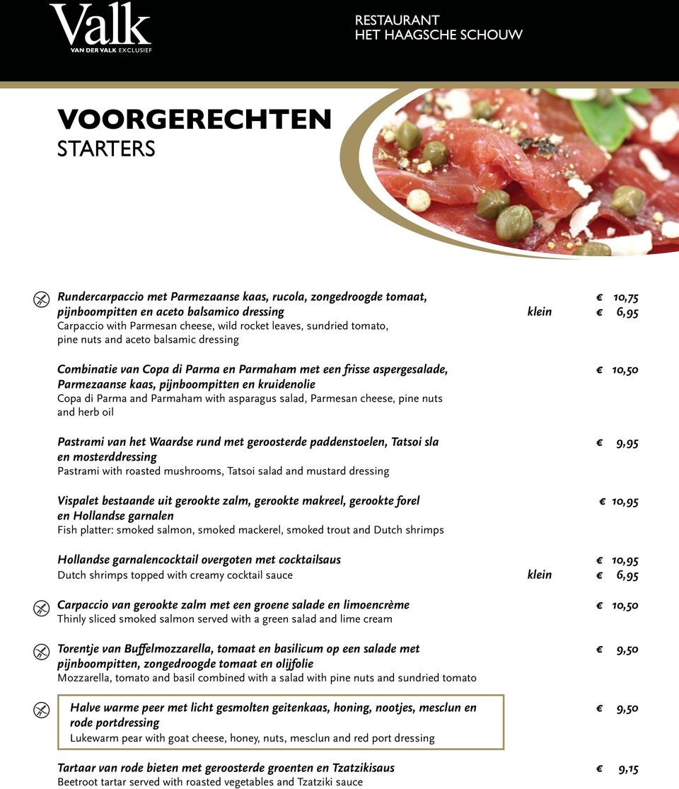 Parma and Parmaham with asparagus salad, Parmesan cheese, pine nuts and herb oil Pastrami van het Waardse rund met geroosterde paddenstoelen, Tatsoi sla 9,95 en mosterddressing Pastrami with roasted