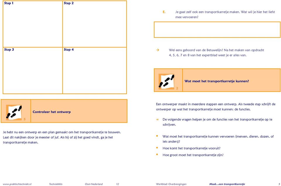 Als tweede stap schrijft de ontwerper op wat het transportkarretje moet kunnen: de functies. 5 De volgende vragen helpen je om de functies van het transportkarretje op te schrijven.