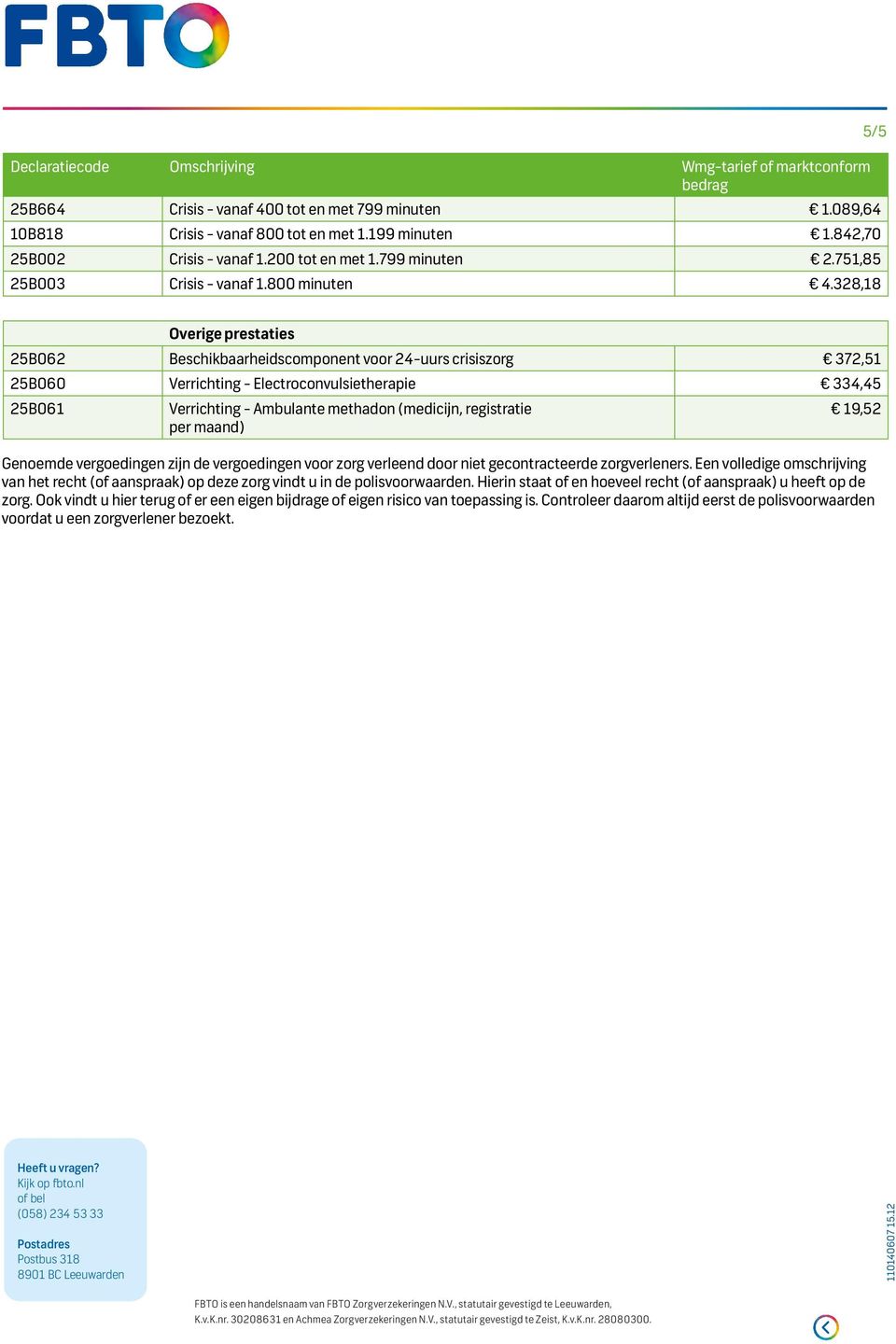 328,18 5/5 Overige prestaties 25B062 Beschikbaarheidscomponent voor 24-uurs crisiszorg 372,51 25B060 Verrichting - Electroconvulsietherapie 334,45 25B061 Verrichting - Ambulante methadon (medicijn,