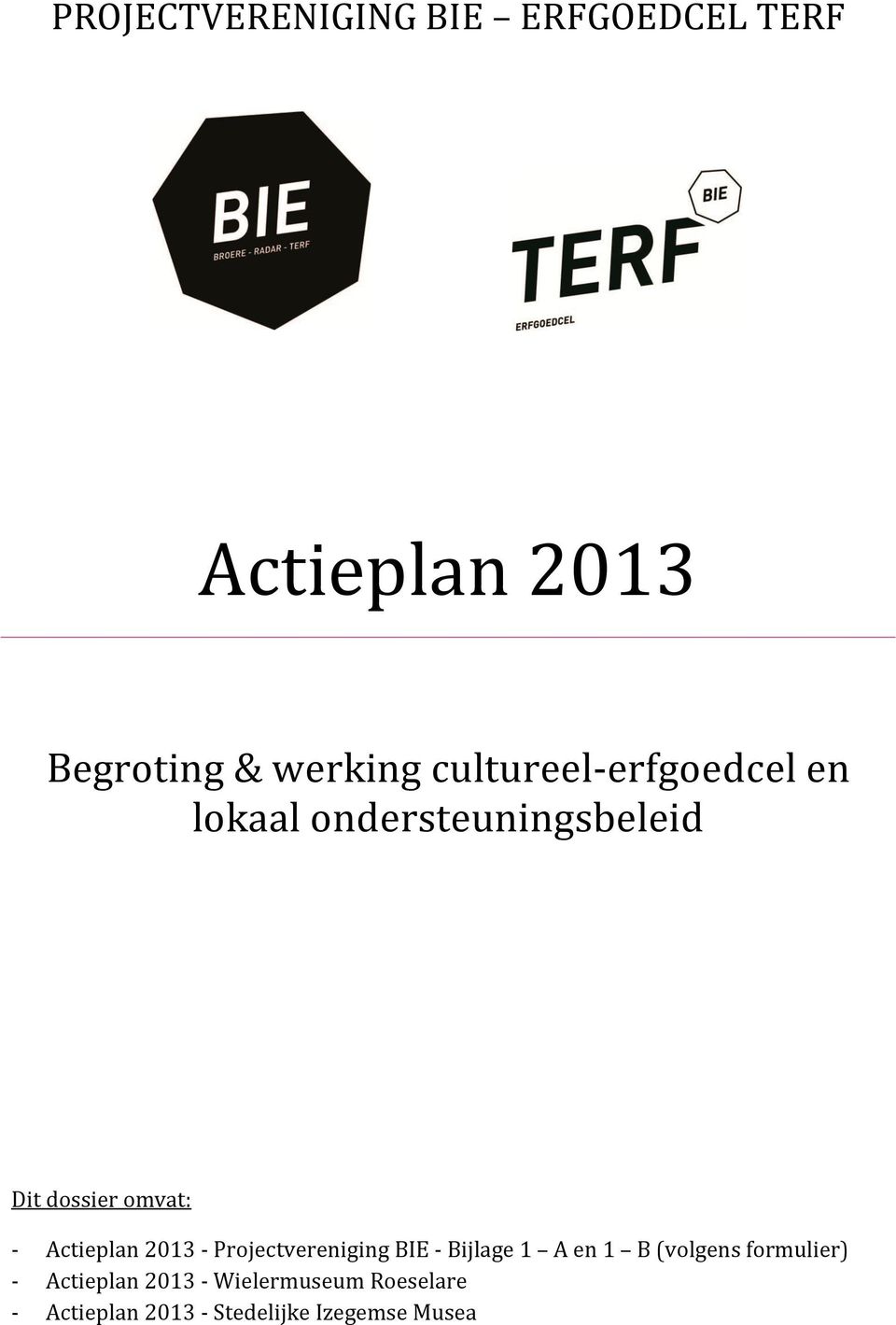 Actieplan 2013 - Projectvereniging BIE - Bijlage 1 A en 1 B (volgens