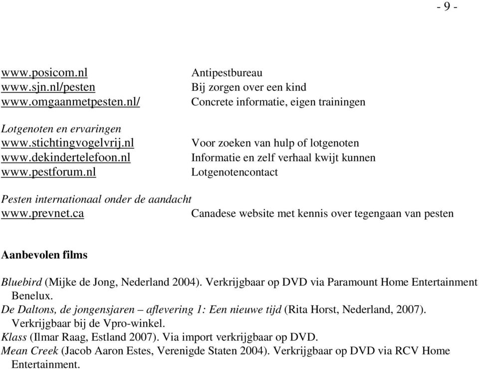 onder de aandacht www.prevnet.ca Canadese website met kennis over tegengaan van pesten Aanbevolen films Bluebird (Mijke de Jong, Nederland 2004).