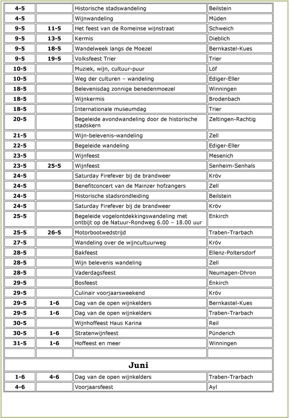 Internationale museumdag Trier 20-5 Begeleide avondwandeling door de historische stadskern Zeltingen-Rachtig 21-5 Wijn-belevenis-wandeling Zell 22-5 Begeleide wandeling Ediger-Eller 23-5 Wijnfeest
