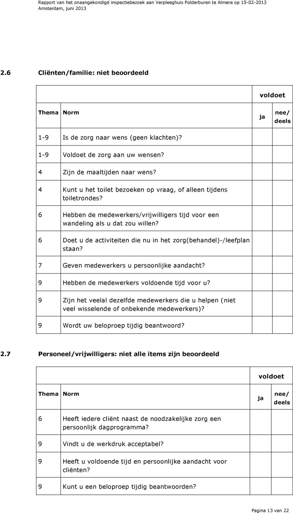 6 Doet u de activiteiten die nu in het zorg(behandel)-/leefplan staan? 7 Geven medewerkers u persoonlijke aandacht? 9 Hebben de medewerkers voldoende tijd voor u?