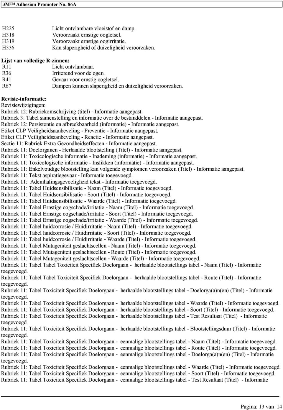 Revisie-informatie: Revisiewijziinen: Rubriek 12: Rubriekomschrijvin (titel) - Informatie aanepast. Rubriek 3: Tabel samenstellin en informatie over de bestanddelen - Informatie aanepast.