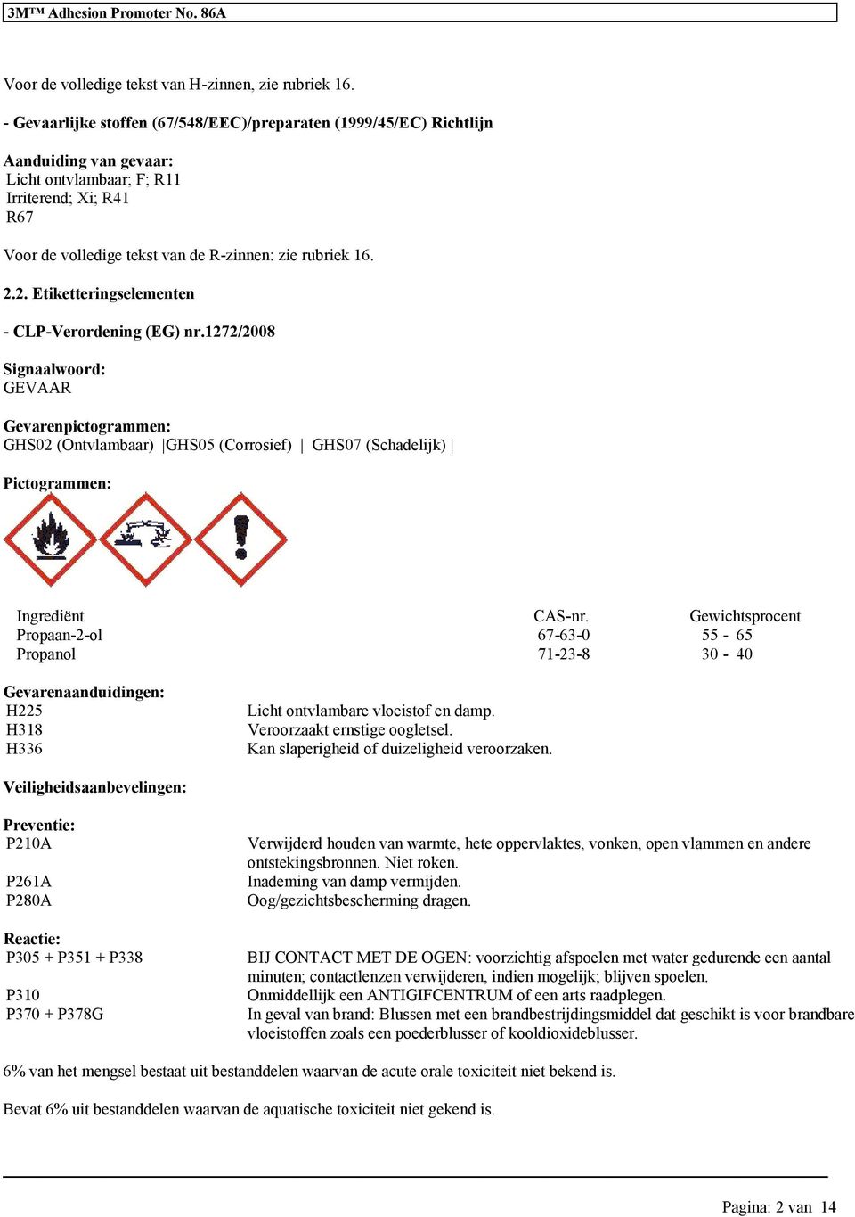 2. Etiketterinselementen - CLP-Verordenin (EG) nr.1272/2008 Sinaalwoord: GEVAAR Gevarenpictorammen: GHS02 (Ontvlambaar) GHS05 (Corrosief) GHS07 (Schadelijk) Pictorammen: Inrediënt CAS-nr.