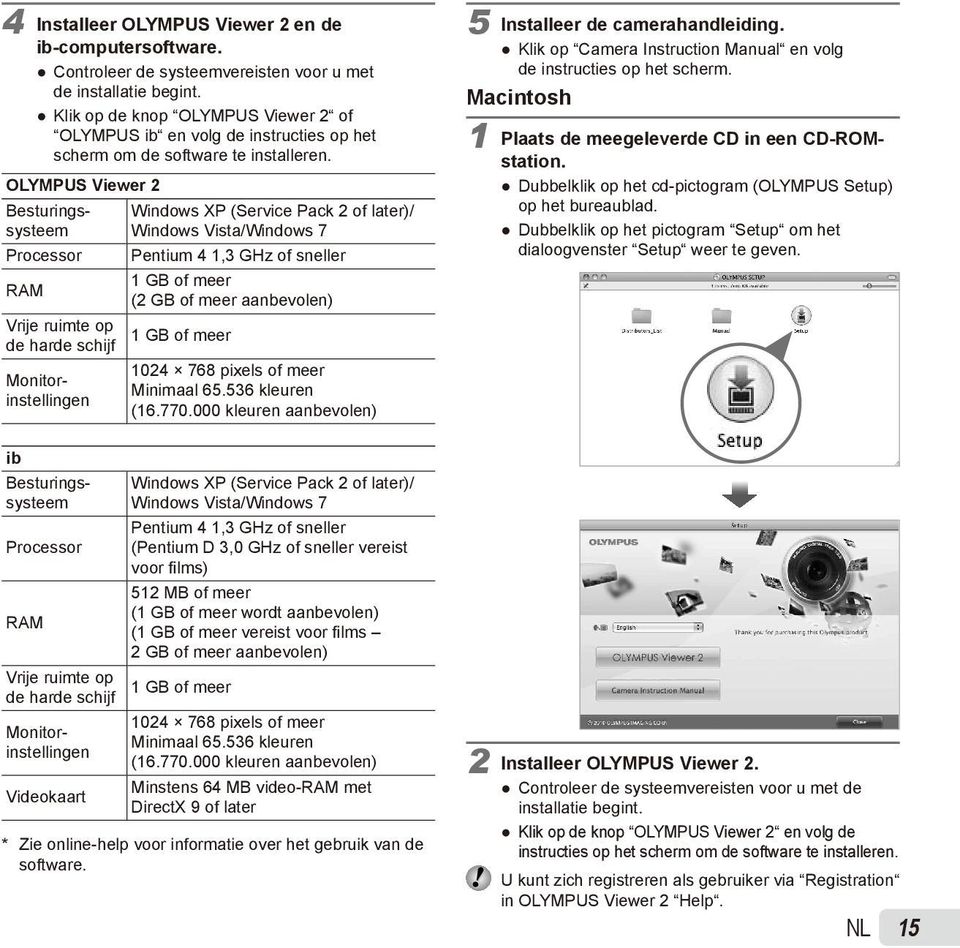 OLYMPUS Viewer 2 RAM Vrije ruimte op de harde schijf Processor RAM Vrije ruimte op de harde schijf Besturingssysteem Processor Monitorinstellingen ib Besturingssysteem Monitorinstellingen Videokaart