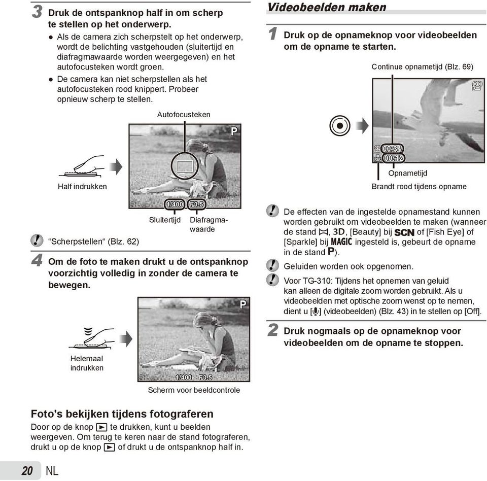 De camera kan niet scherpstellen als het autofocusteken rood knippert. Probeer opnieuw scherp te stellen. Autofocusteken P Half indrukken 1/400 F3.5 Sluitertijd Diafragmawaarde Scherpstellen (Blz.