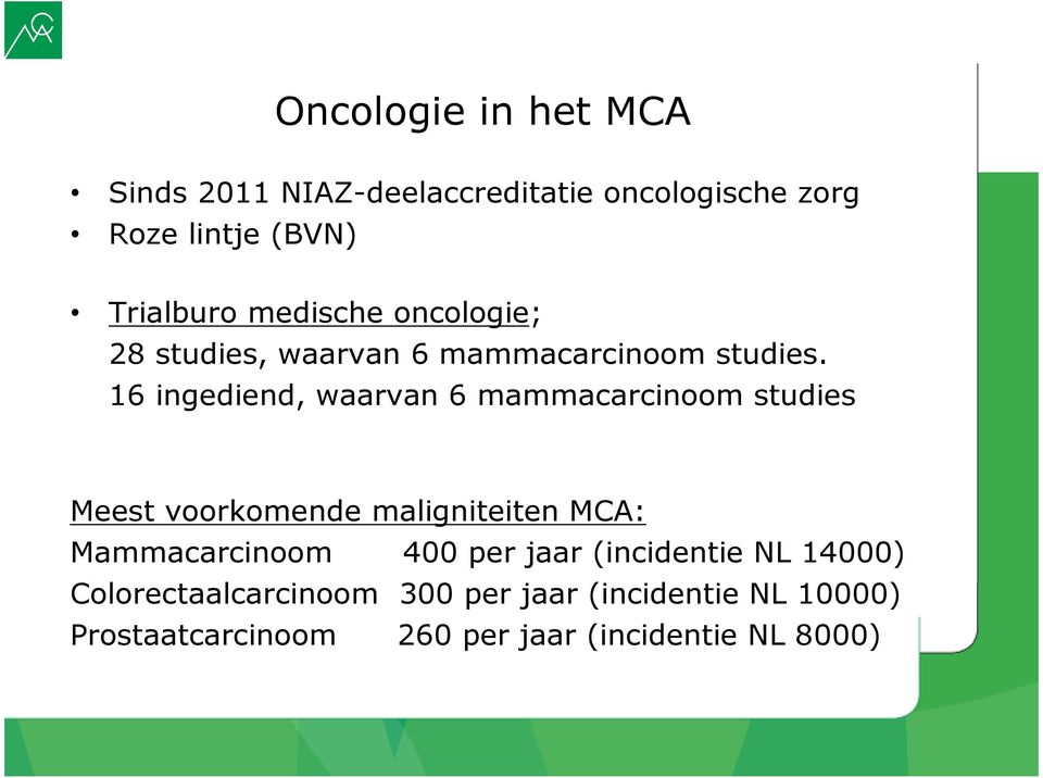 16 ingediend, waarvan 6 mammacarcinoom studies Meest voorkomende maligniteiten MCA: Mammacarcinoom