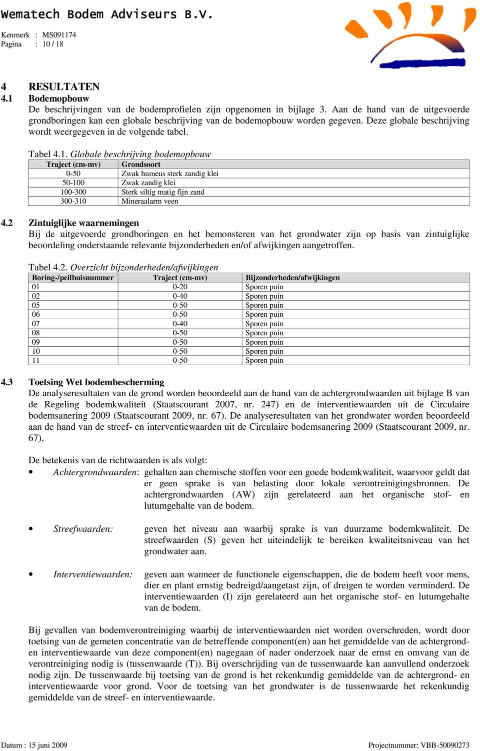 Globale beschrijving bodemopbouw Traject (cmmv) Grondsoort 050 Zwak humeus sterk zandig klei 50100 Zwak zandig klei 100300 Sterk siltig matig fijn zand 300310 Mineraalarm veen 4.