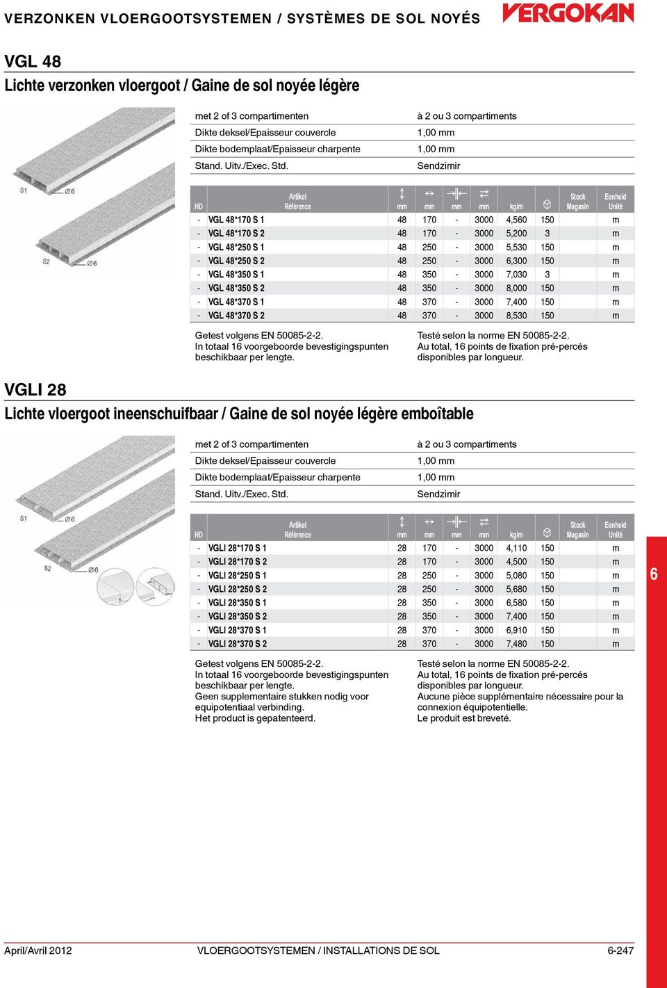 VGL 48*350 S 1 48 350-3000 7,030 3 m - VGL 48*350 S 48 350-3000 8,000 150 m - VGL 48*370 S 1 48 370-3000 7,400 150 m - VGL 48*370 S 48 370-3000 8,530 150 m Getest volgens E 50085--.