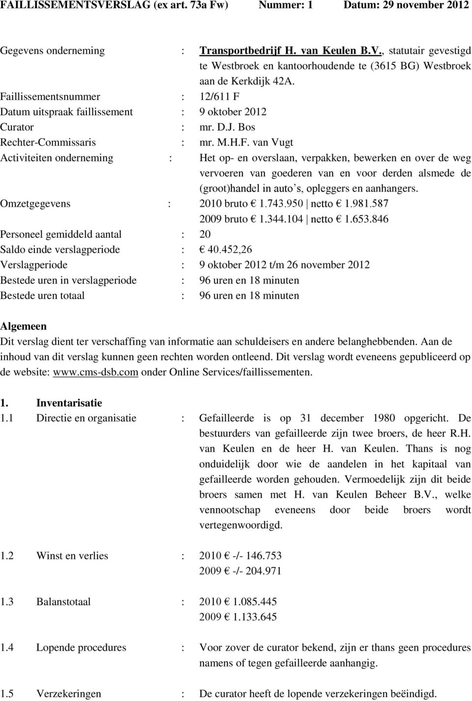 Omzetgegevens : 2010 bruto 1.743.950 netto 1.981.587 2009 bruto 1.344.104 netto 1.653.846 Personeel gemiddeld aantal : 20 Saldo einde verslagperiode : 40.