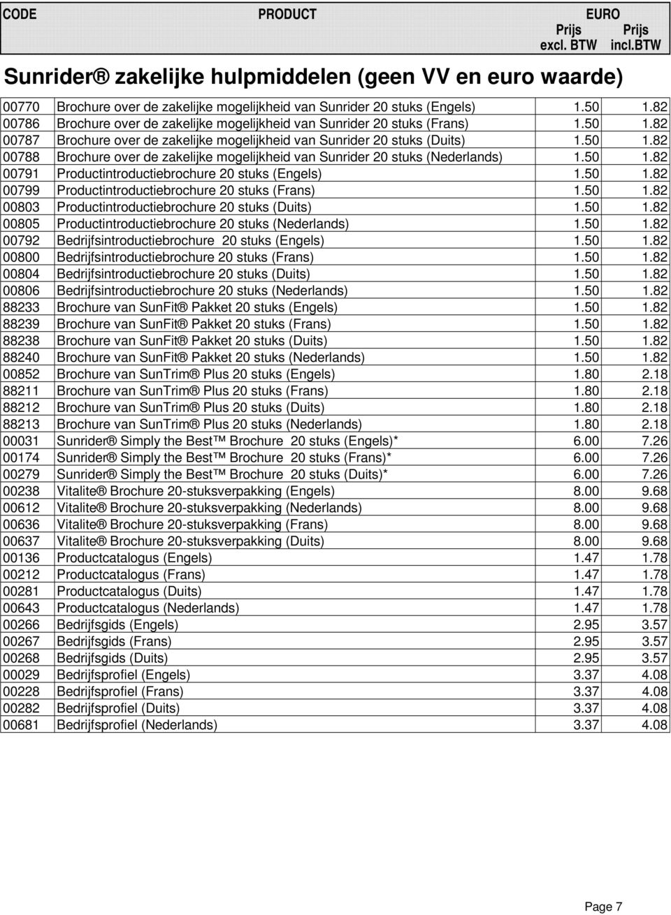 50 1.82 00791 Productintroductiebrochure 20 stuks (Engels) 1.50 1.82 00799 Productintroductiebrochure 20 stuks (Frans) 1.50 1.82 00803 Productintroductiebrochure 20 stuks (Duits) 1.50 1.82 00805 Productintroductiebrochure 20 stuks (Nederlands) 1.