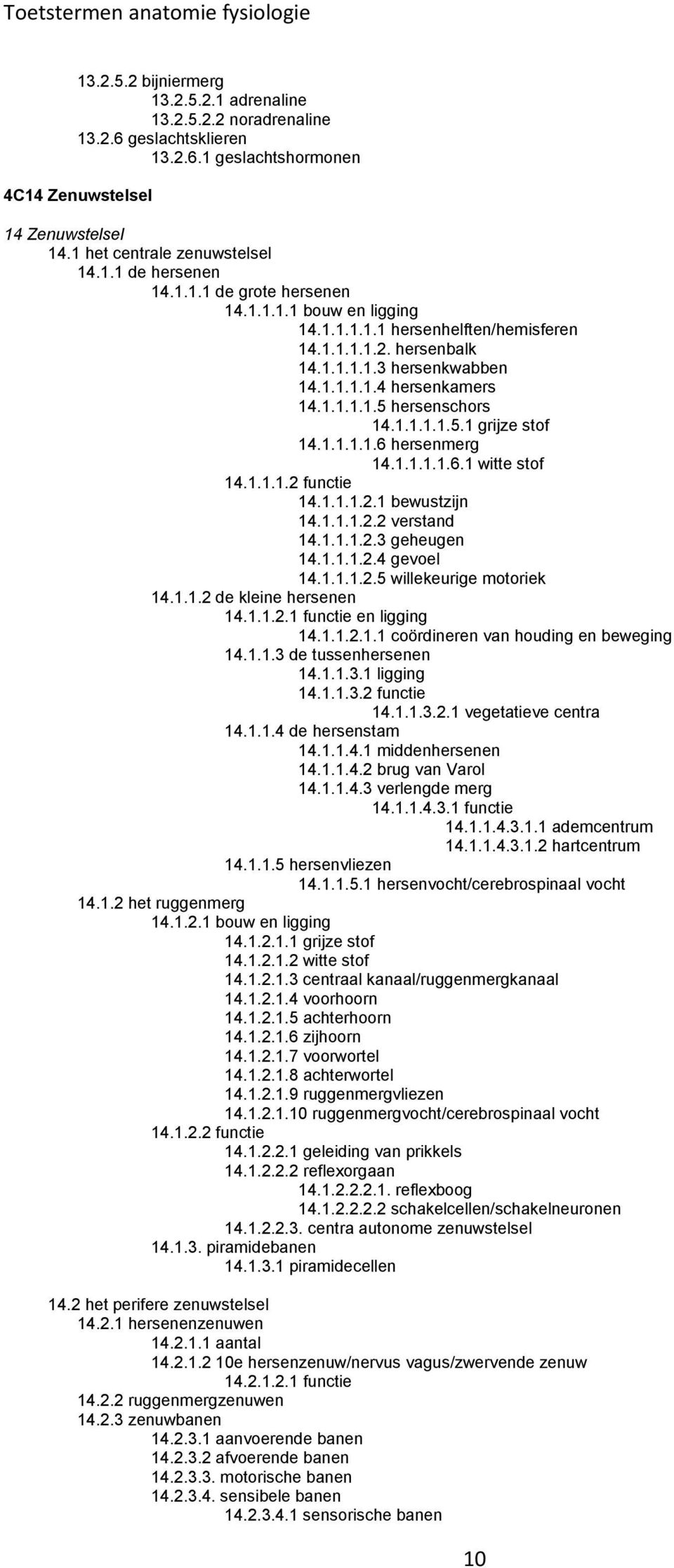 1.1.1.1.6 hersenmerg 14.1.1.1.1.6.1 witte stof 14.1.1.1.2 functie 14.1.1.1.2.1 bewustzijn 14.1.1.1.2.2 verstand 14.1.1.1.2.3 geheugen 14.1.1.1.2.4 gevoel 14.1.1.1.2.5 willekeurige motoriek 14.1.1.2 de kleine hersenen 14.