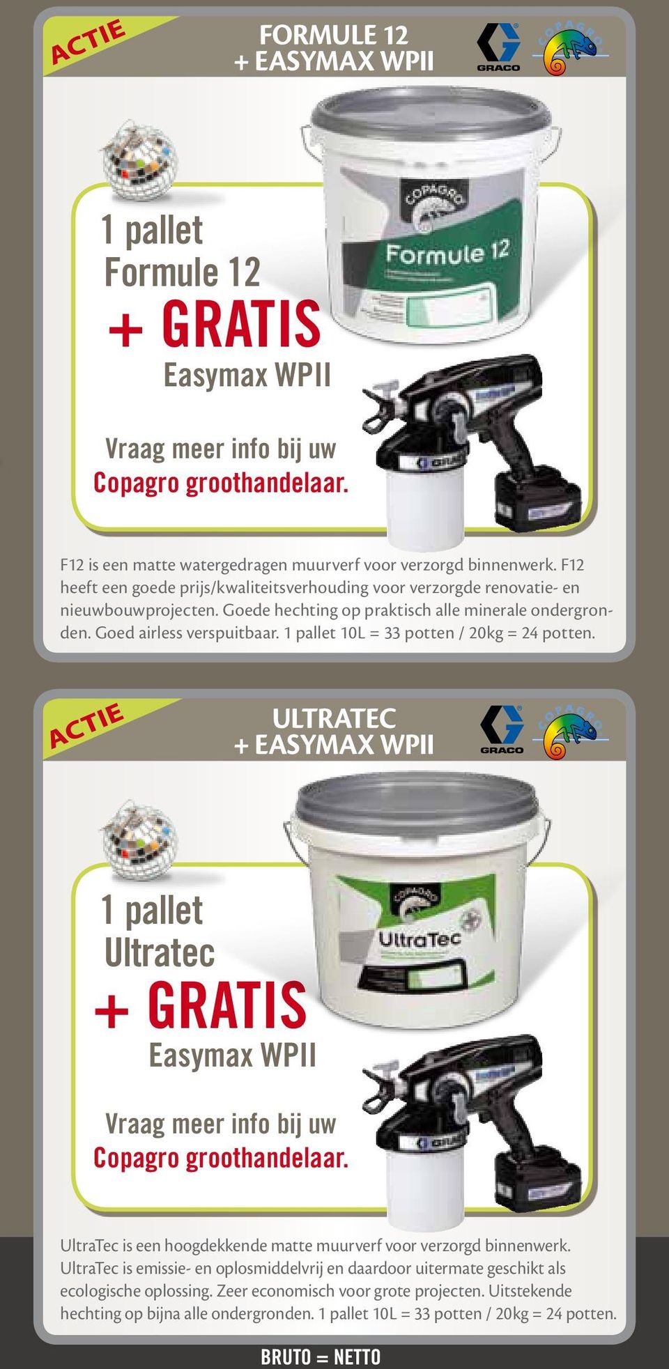 1 pallet 10L = 33 potten / 20kg = 24 potten. ultratec + easymax WPii 1 pallet Ultratec + GRATIS Easymax WPII UltraTec is een hoogdekkende matte muurverf voor verzorgd binnenwerk.