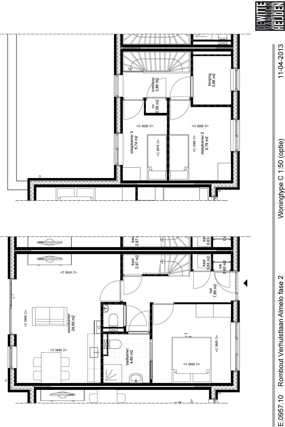 2975 keuken 6,62 m2 slaapkamer 1 13,00 m2 slaapkamer 2 8,45 m2 3360 3605 hal 7,86 m2 0,63 m2 0,60 m2