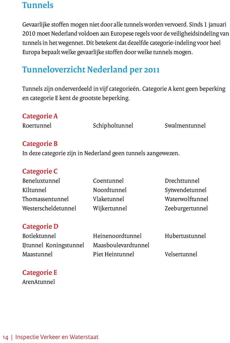 Tunneloverzicht Nederland per 2011 Tunnels zijn onderverdeeld in vijf categorieën. Categorie A kent geen beperking en categorie E kent de grootste beperking.