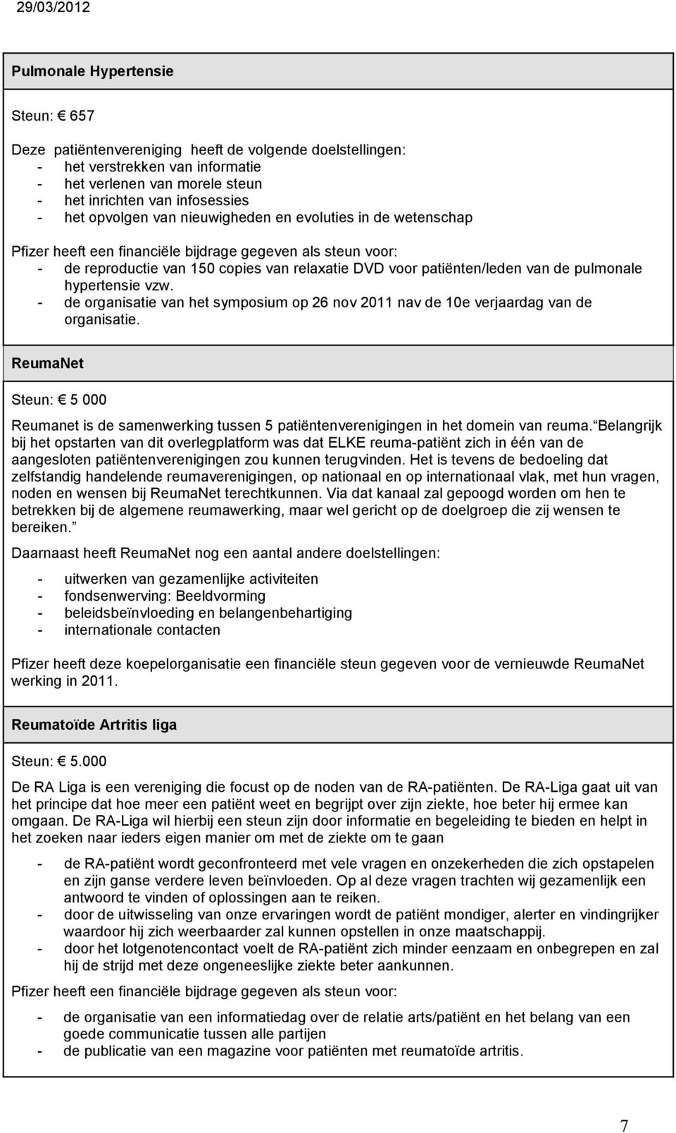 pulmonale hypertensie vzw. - de organisatie van het symposium op 26 nov 2011 nav de 10e verjaardag van de organisatie.