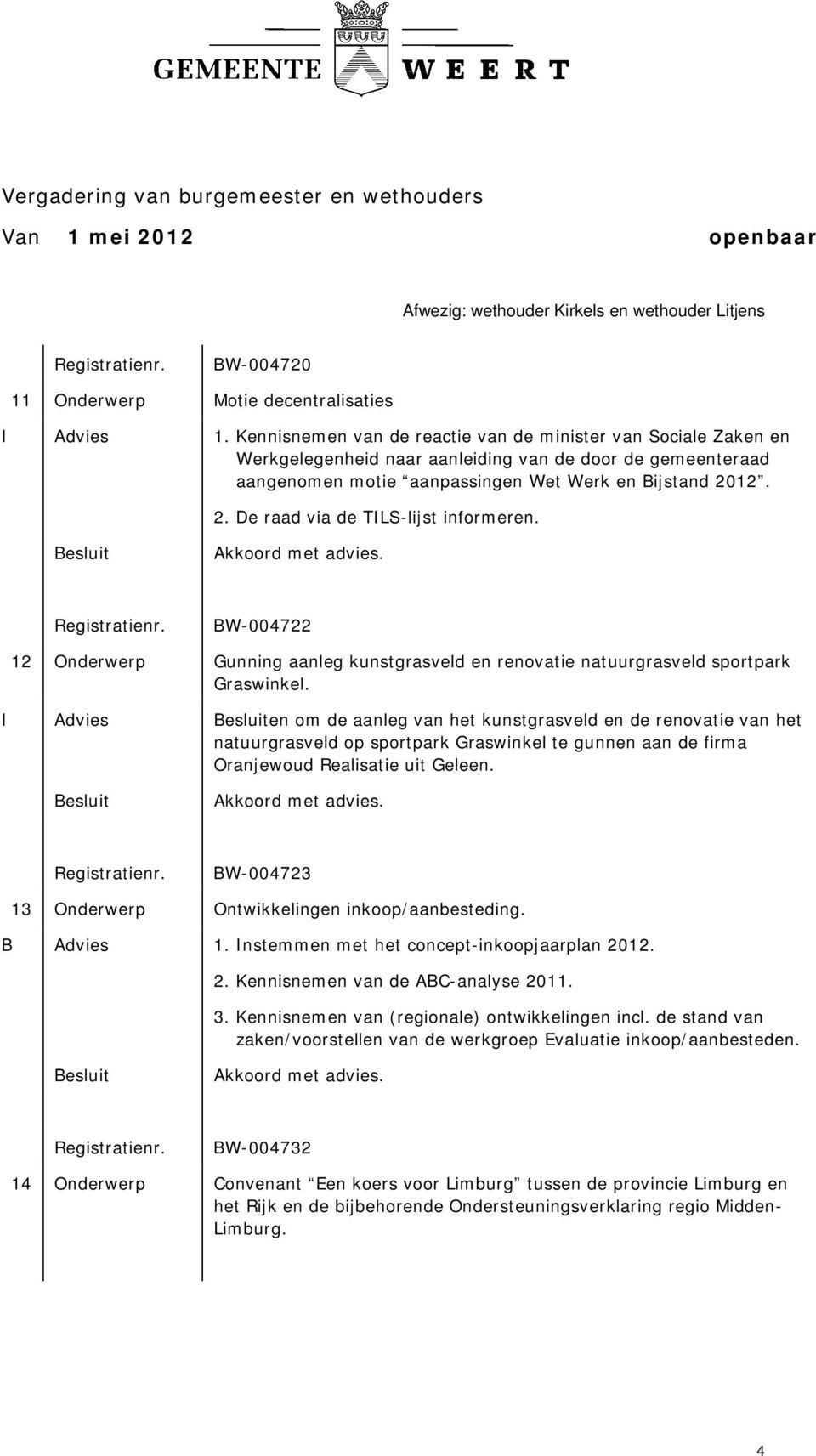 12. 2. De raad via de TILS-lijst informeren. BW-004722 12 Onderwerp Gunning aanleg kunstgrasveld en renovatie natuurgrasveld sportpark Graswinkel.