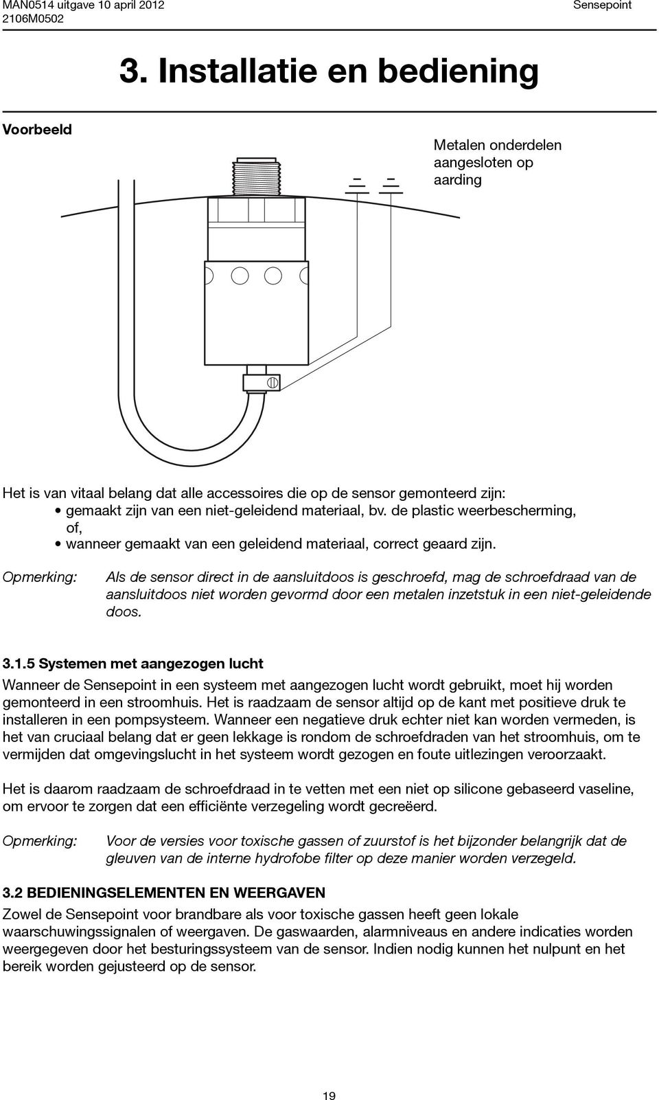 Opmerking: Als de sensor direct in de aansluitdoos is geschroefd, mag de schroefdraad van de aansluitdoos niet worden gevormd door een metalen inzetstuk in een niet-geleidende doos. 3.1.