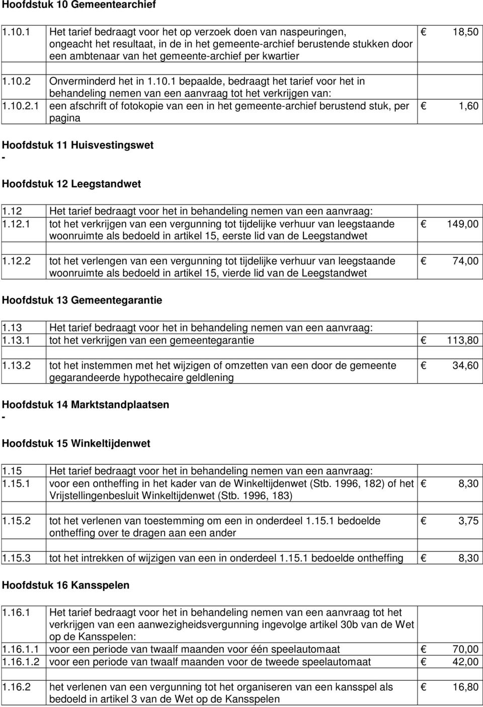 1 Het tarief bedraagt voor het op verzoek doen van naspeuringen, ongeacht het resultaat, in de in het gemeente-archief berustende stukken door een ambtenaar van het gemeente-archief per kwartier 1.10.