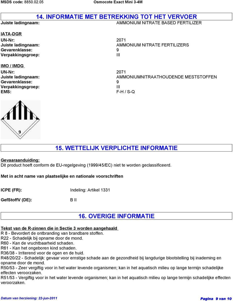 WETTELIJK VERPLICHTE INFORMATIE Gevaaraanduiding: Dit product hoeft conform de EU-regelgeving (1999/45/EC) niet te worden geclassificeerd.