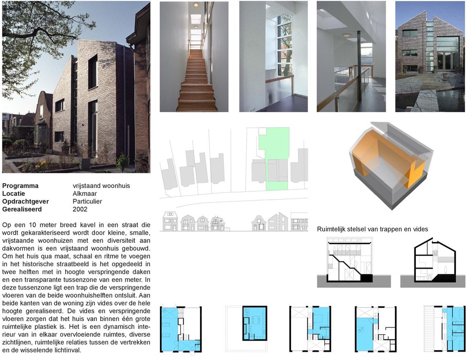 Om het huis qua maat, schaal en ritme te voegen in het historische straatbeeld is het opgedeeld in twee helften met in hoogte verspringende daken en een transparante tussenzone van een meter.