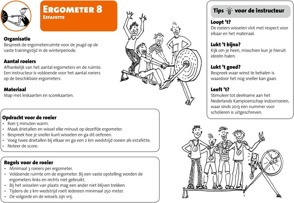 Bespreek hoe je sneller kunt wisselen en ga dit oefenen. Voeg twee drietallen bij elkaar en ga een 2 km wedstrijd roeien als estafette. Noteer de score.