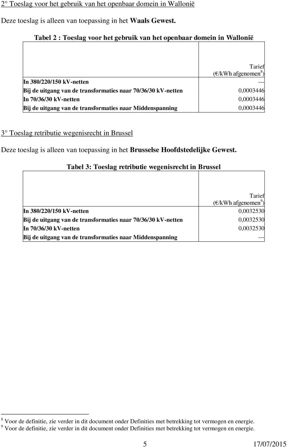 de uitgang van de transformaties naar Middenspanning 0,0003446 3 Toeslag retributie wegenisrecht in Brussel Deze toeslag is alleen van toepassing in het Brusselse Hoofdstedelijke Gewest.