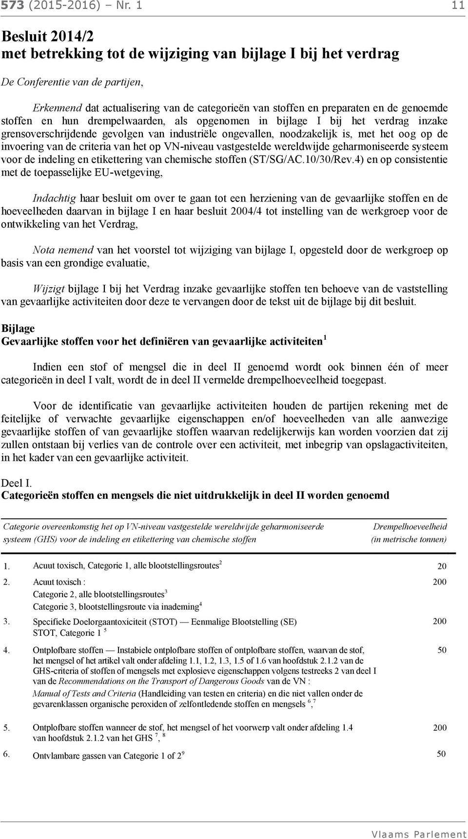 genoemde stoffen en hun drempelwaarden, als opgenomen in bijlage I bij het verdrag inzake grensoverschrijdende gevolgen van industriële ongevallen, noodzakelijk is, met het oog op de invoering van de