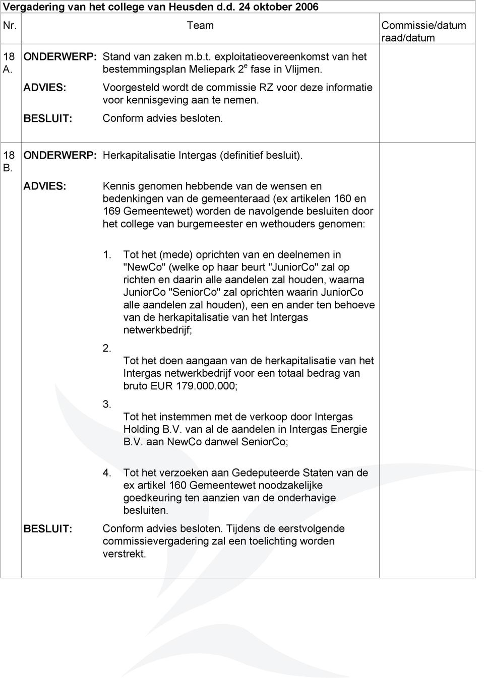 Kennis genomen hebbende van de wensen en bedenkingen van de gemeenteraad (ex artikelen 160 en 169 Gemeentewet) worden de navolgende besluiten door het college van burgemeester en wethouders genomen: